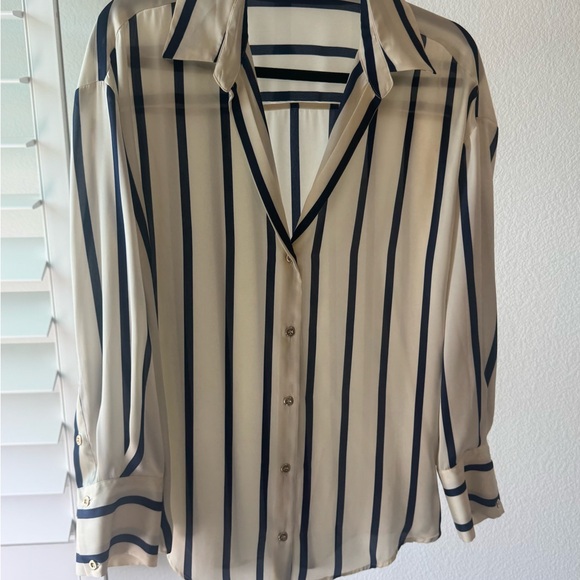 Zara Tops - Zara Navy and Cream Striped Button Down Shirt